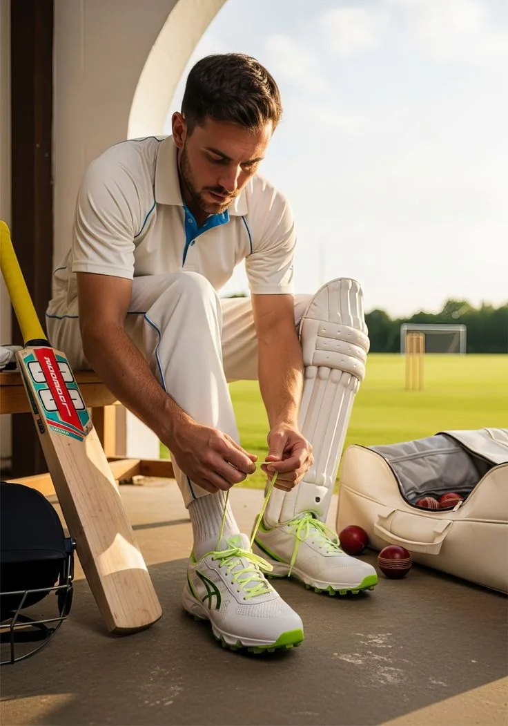A cricketer lacing his shoes before a match